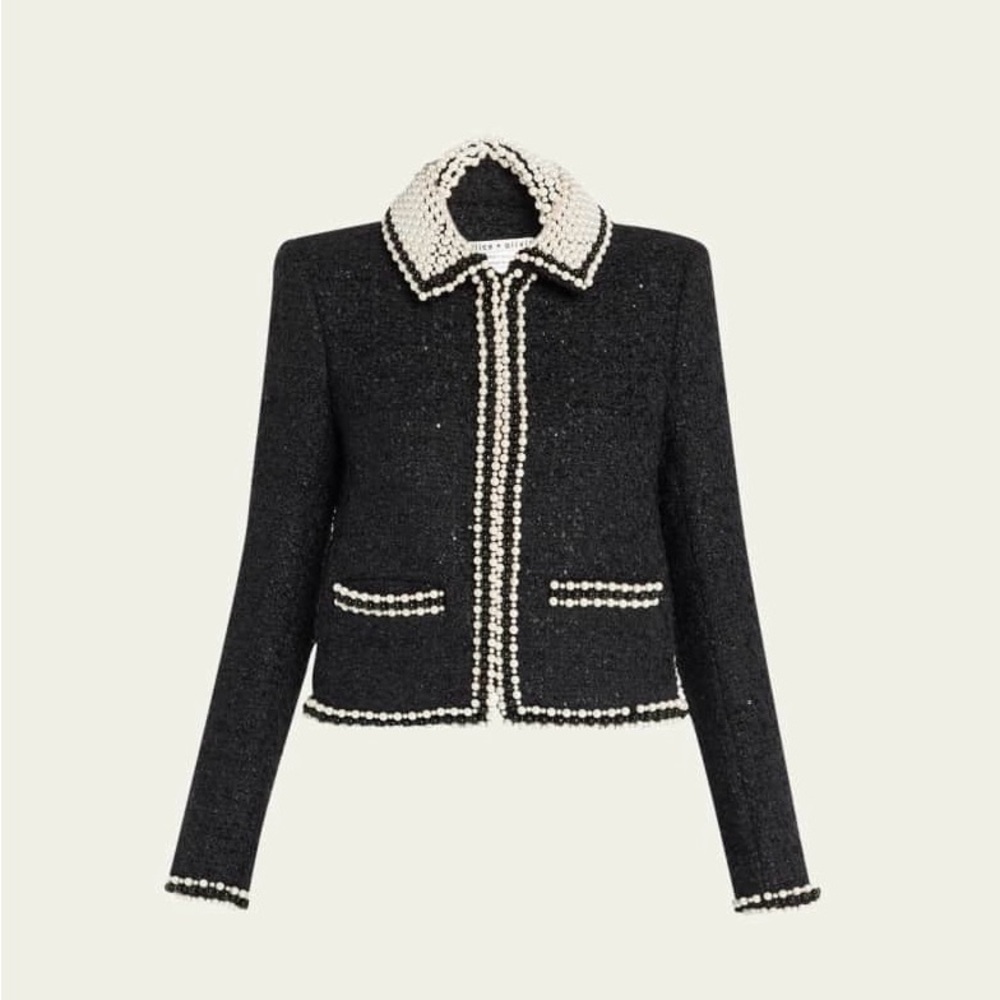 Alice Olivia New Kidman Pearl Embellished Tweed Jacket Size M